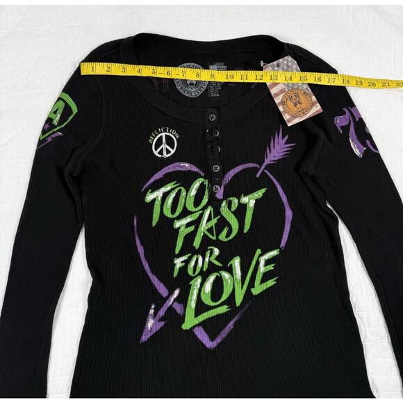 Affliction Long Sleeve Thermal Top Large Black Too Fast For Love Peace Graphic - Picture 3 of 6